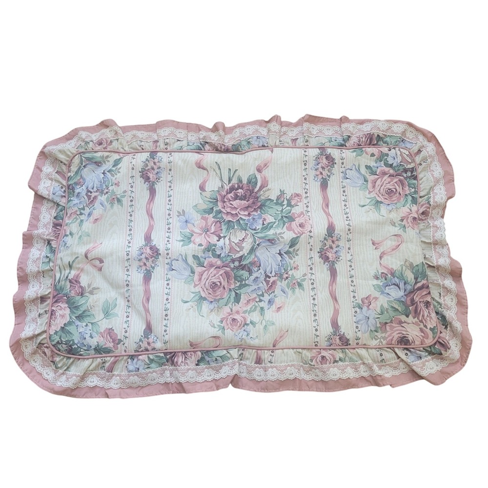 Vtg Floral Ruffled Pillow‎ Shams 2 Pink Rose Lace Cottagecore
